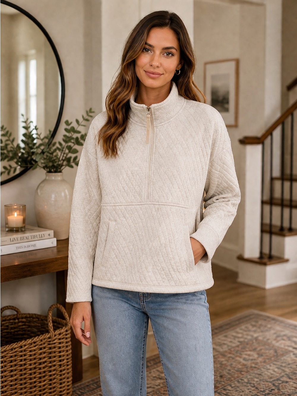 Eddie Bauer Light Cream Quilted Half-Zip Pullover